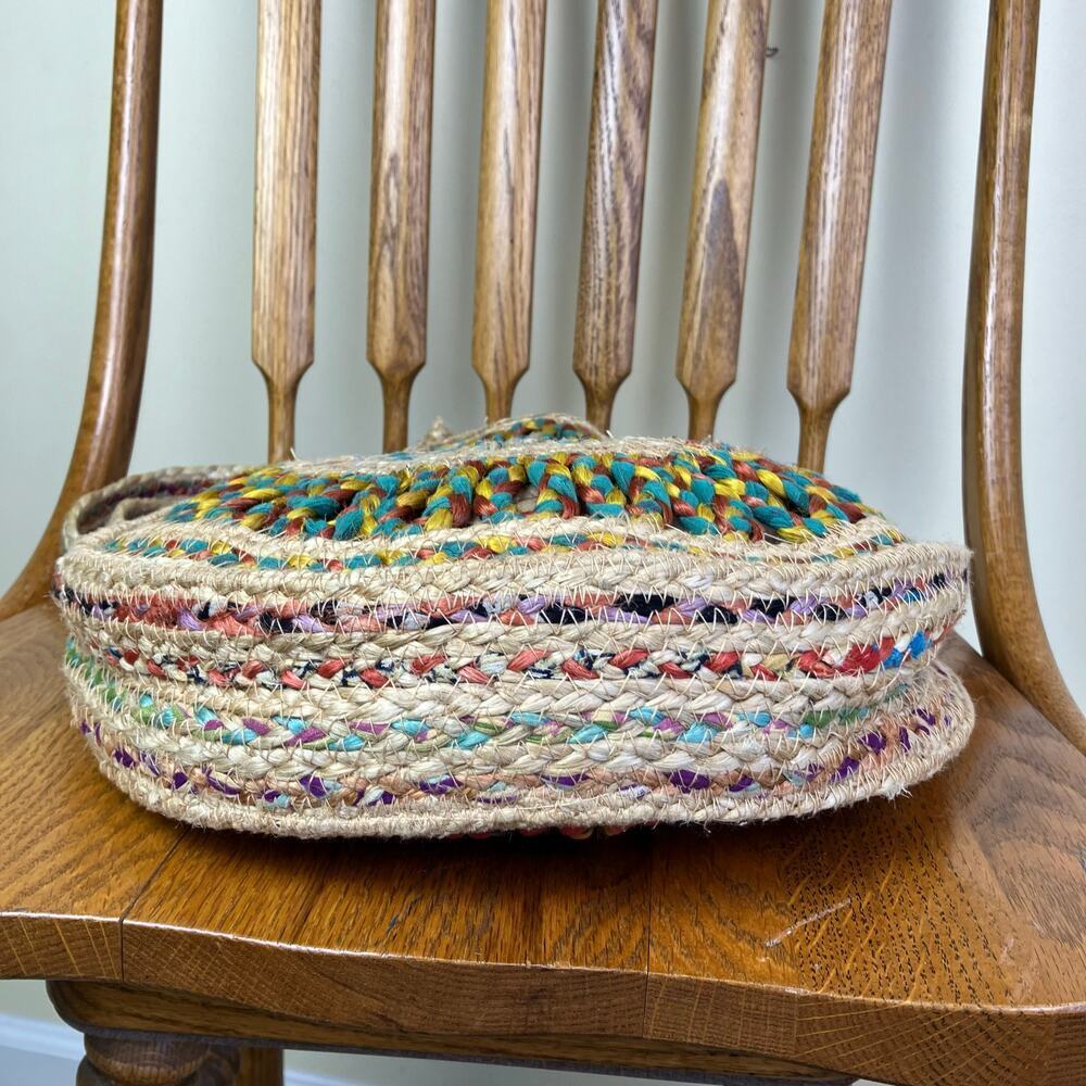 Boho Colorful Recycled Woven Jute Bag Circle Shaped Shoulder Tote Beach Bag - Picture 8 of 16